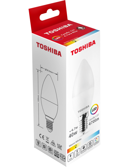 KAST 10 tk! Toshiba LED 4,7W (40W) E14 soe valge C37 matt küünal 470lm