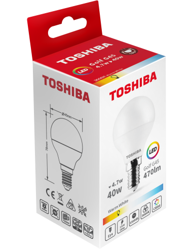 KAST 10 tk! Toshiba LED 4,7W (40W) E14 soe valge G45 matt lühter 470lm