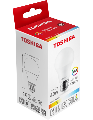 KAST 10 tk! Toshiba LED 4,7W (40W) E27 soe valge A60 matt 470lm