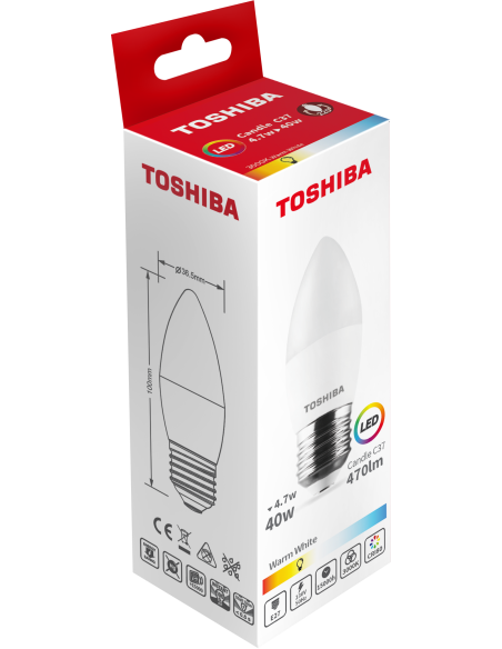 KAST 10 tk! Toshiba LED 4,7W (40W) E27 soe valge C37 matt küünal 470lm