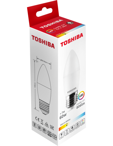 KAST 10 tk! Toshiba LED 7W (60W) E27 soe valge C37 matt küünal 806lm