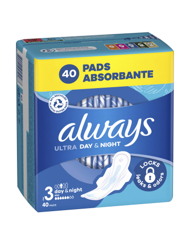 Always Ultra Size 3 Hügieenisidemed Tiibadega, Day & Night, 40 tk