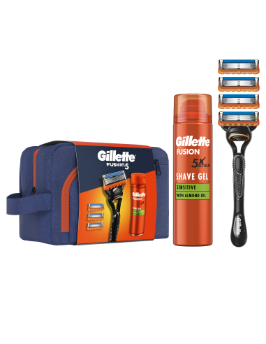 Gillette Kinkekomplekt Fusion5 Raseerija + 4 Vahetustera + Raseerimisgeel 200 ml + Kott