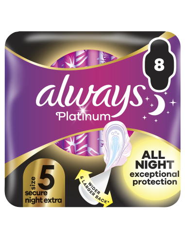 Always Platinum Secure Night Extra Size 5 Hügieenisidemed Tiibadega, 8 tk