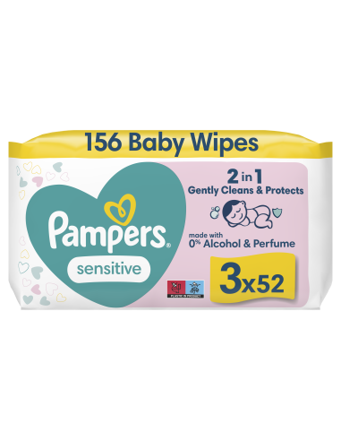 Pampers Sensitive Niisked Beebisalvrätid, 3 Pakki, 156 Niisket Salvrätikut
