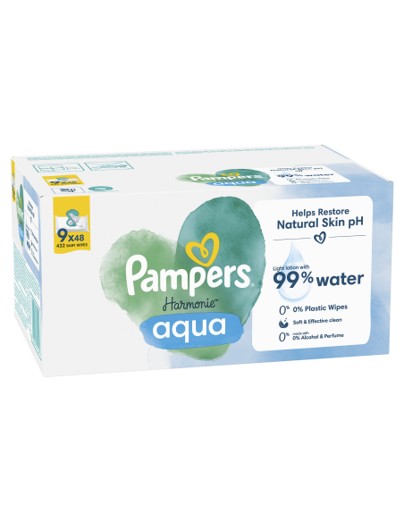 Pampers Harmonie Aqua Pure Niisked Beebisalvrätid, 9 Pakki, 432 Niisket Salvrätikut
