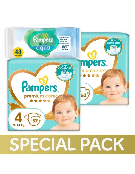Pampers Premium Care Mähkmed, Suurus 4, 9-14 kg, 104 Mähet + KINGITUS Harmonie Aqua 48 Niisket Salvrätikut