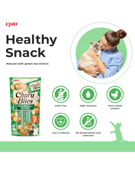 KAST 4 tk! INABA CAT CHURU BITES CHICKEN TUNA Kana ja tuunikala maius kassidele 36x10g (360g)