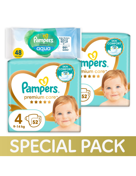 Pampers Premium Care Mähkmed, Suurus 4, 9-14 kg, 104 Mähet + KINGITUS Harmonie Aqua 48 Niisket Salvrätikut