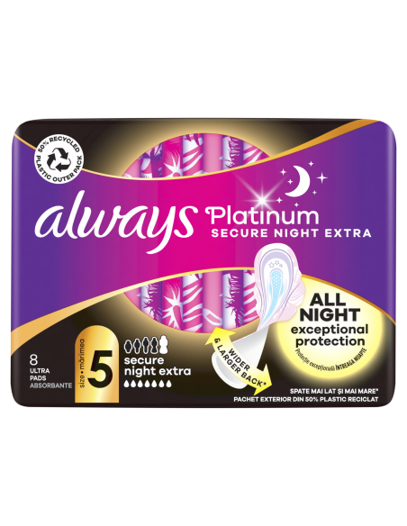 Always Platinum Secure Night Extra Size 5 Hügieenisidemed Tiibadega, 8 tk 