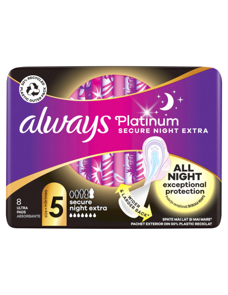 KAST 8 tk! Always Platinum Secure Night Extra Size 5 Hügieenisidemed Tiibadega, 8 tk 