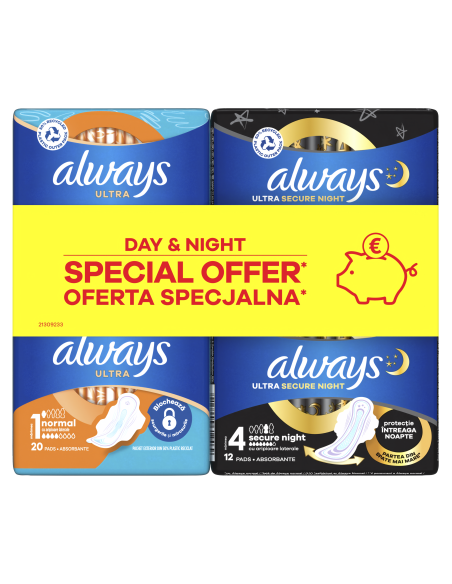 KAST 8 tk! Always Ultra Hügieenisidemed Day (Size 1, 20 tk) ja Night (Size 4, 12 tk)