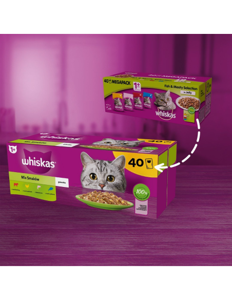 Whiskas Adult (40x85g) Märgtoit Täiskasvanud Kassidele Veiseliha, Kana, Lõhe, Tuunikala Tarretises