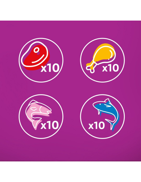 Whiskas Adult (40x85g) Märgtoit Täiskasvanud Kassidele Veiseliha, Kana, Lõhe, Tuunikala Tarretises