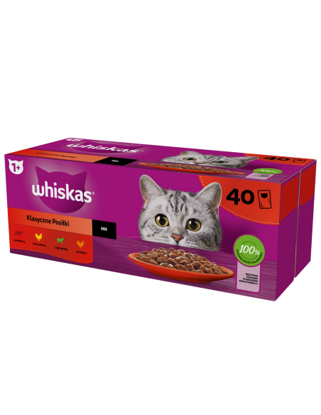 WHISKAS hõrgutised (40x85g) Classic Meals Märgtoit Täiskasvanud Kassidele Kastmes (veiseliha, kana, lambaliha, linnuliha)