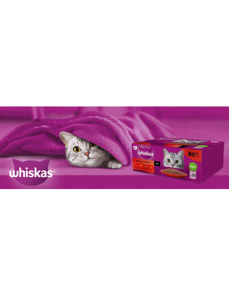 WHISKAS hõrgutised (80x85g) Classic Meals Märgtoit Täiskasvanud Kassidele Kastmes (veiseliha, kana, lambaliha, linnuliha)