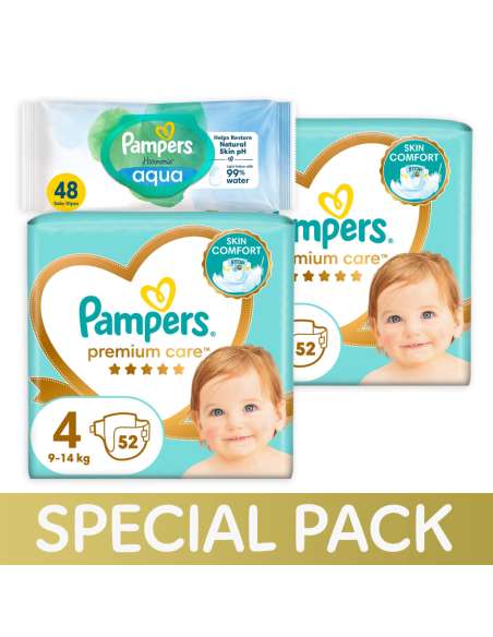 Pampers Premium Care Mähkmed, Suurus 4, 9-14 kg, 104 Mähet + KINGITUS Harmonie Aqua 48 Niisket Salvrätikut