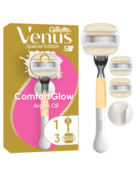 Gillette Venus ComfortGlow Argan Oil Raseerija, 3 Vahetustera, Seinahoidik
