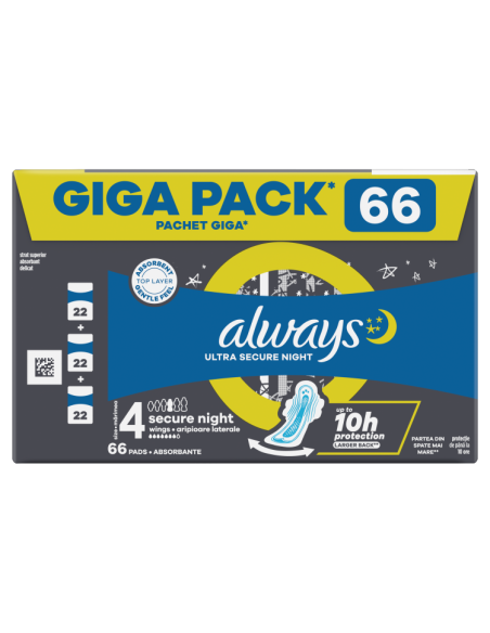 Always Ultra Secure Night hügieenisidemed tiibadega 66 tk (suurus 4)
