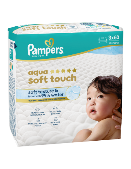 Pampers Aqua Soft Touch niisked beebisalvrätid 3 pk (180 tk)