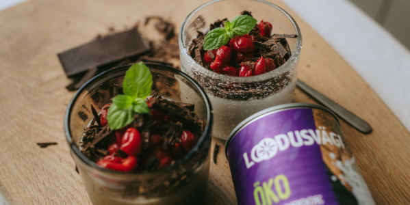 Loodusvägi kookosjoogist Panna Cotta kirsside ja šokolaadiga